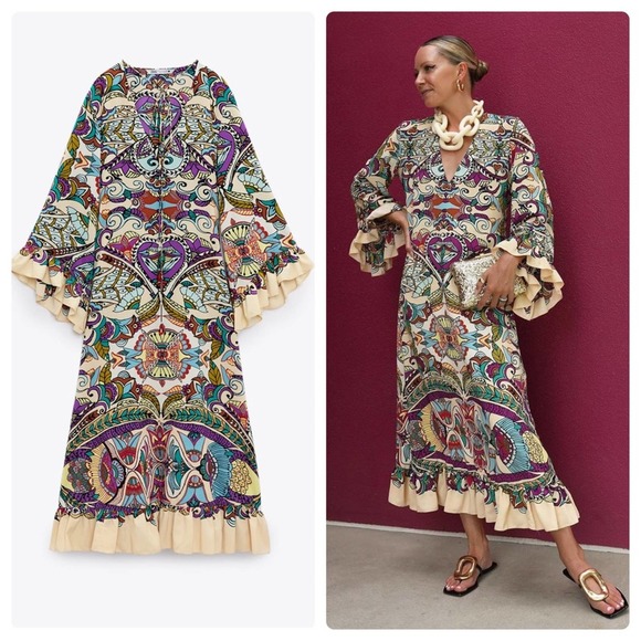 Zara Beige Purple Multicolored Printed MIDI Dress Tunic Size XS NWT New - Picture 1 of 16